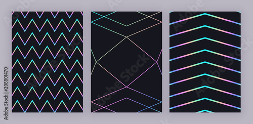 Set trendy holographic geometric design. Colorful polygonal lines on the black background. Modern pattern for flyer, invitation, card, banner, placard, poster, layout, brochure,  party, birthday