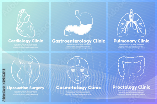 Сollection of medical logos for pulmonary, proctology, cardiology, gastroenterology, liposuction surgery and cosmetology clinics on blue innovative medical background