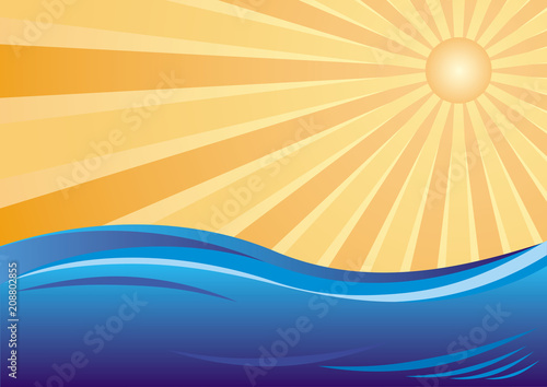 The sea and the sun. Stylized landscape. Can be used as a backing for a business card or a flyer. Vector picture.