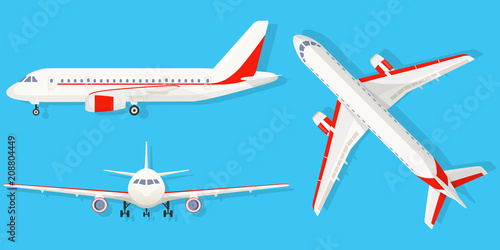 Airplane on blue background in different point of view. Airliner in top, side, front view. Flat style