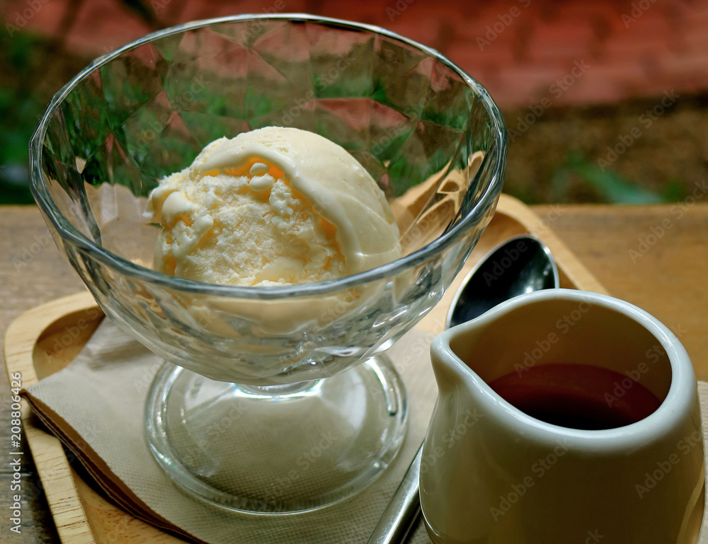 Affogato served at outdoor seating, selective focus and blurred background Affogato served at outdoor seating, selective focus and blurred background