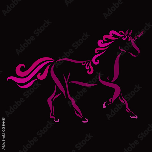 A beautiful and elegant unicorn with a curly pink mane