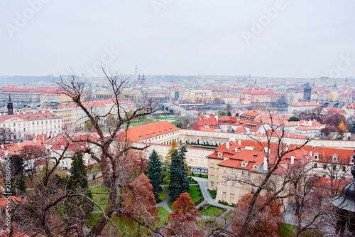 Travel and architecture. Cityscape with red tiled roofs view. Prague, Czech Republic.