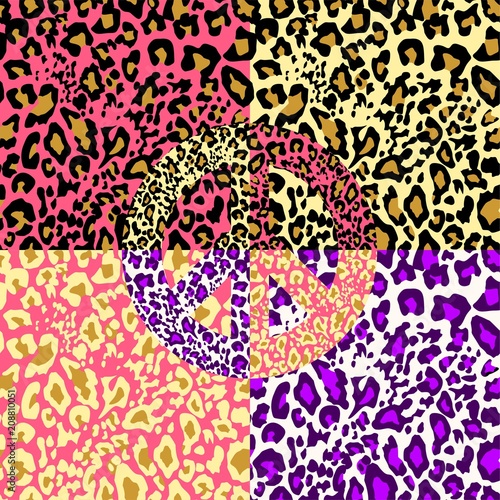 Hippie peace symbol with leopard print on wallpaper colorful variation. Fashion design for t-shirt, bag, poster, scrapbook