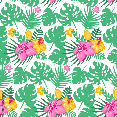 Vector tropical seamless pattern with tropical flowers and leave