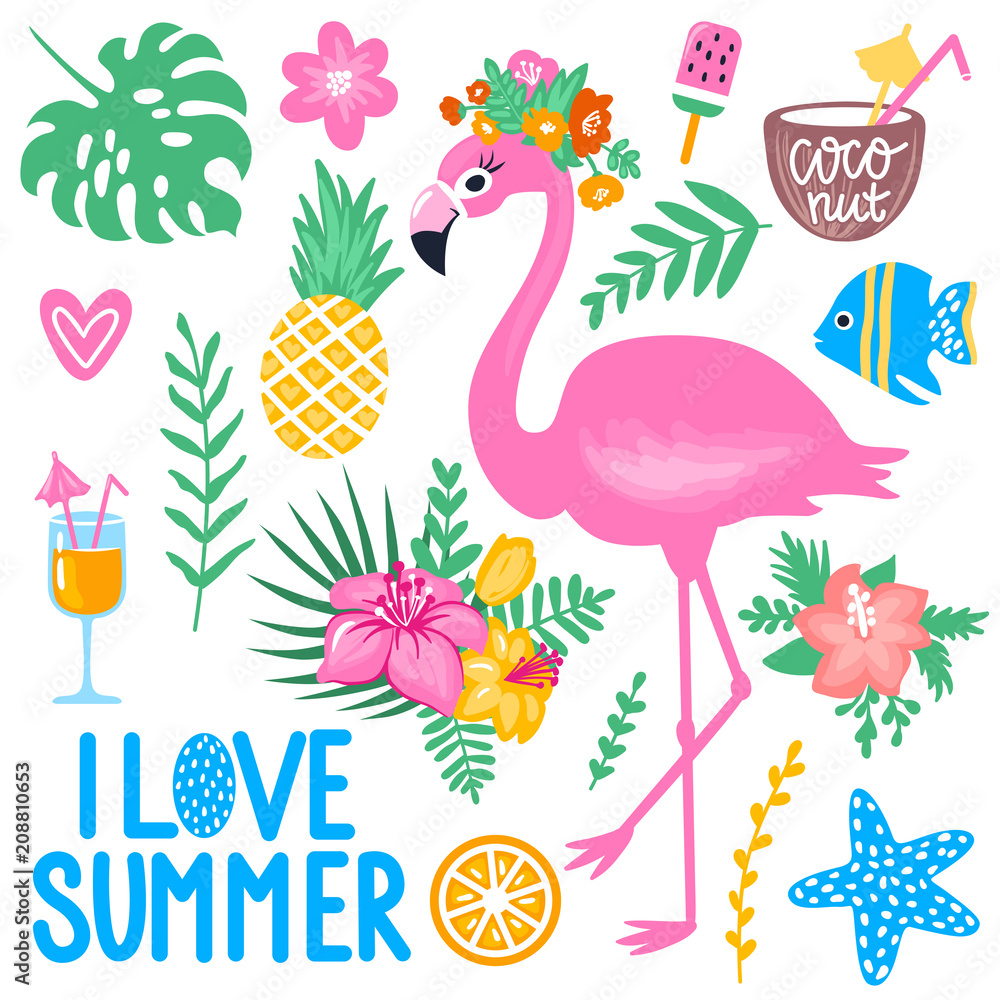 Fototapeta premium Vector summer set with pink flamingo, monstera leaf, tropical leaves flowers