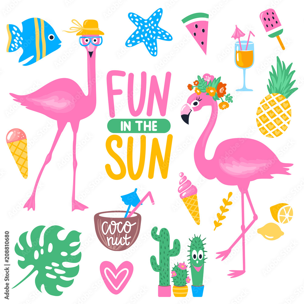 Naklejka premium Vector summer set with pink flamingo, monstera leaf, tropical leaves