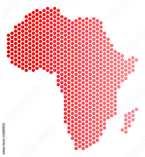 Red round spot Africa map. Geographic scheme in red color with horizontal gradient. Vector concept of Africa map composed of round dot matrix.