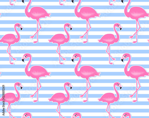 Vector pink flamingo seamless pattern. Summer tropical background.