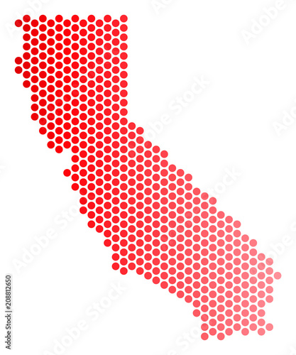 Red dotted California map. Geographic scheme in red color with horizontal gradient. Vector mosaic of California map designed of circle item pattern.