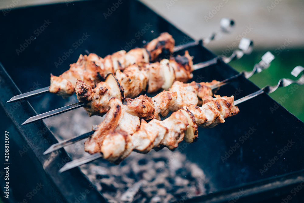 Grilled kebab cooking on metal skewer. Roasted meat cooked at barbecue. Traditional eastern dish, shish kebab. Grill on charcoal and flame, picnic, street food
