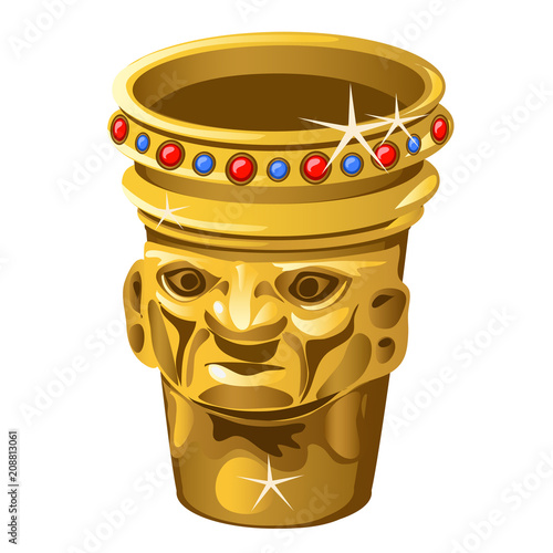 Ethnic Golden vase with human face isolated on a white background. Vector illustration.