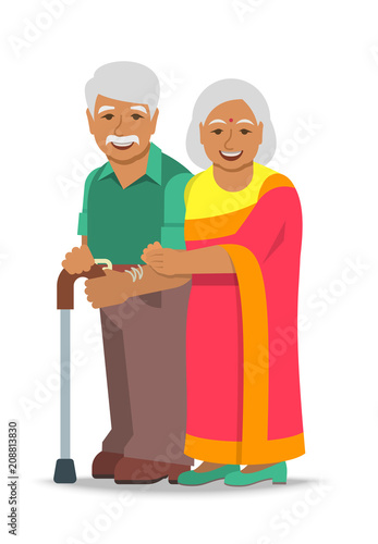 Old couple stands together. Elderly Indian woman in sari holds her husband arm. Vector flat illustration. Aged man leans on stick. Happy smiling senior people in retirement. Long married life concept