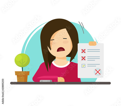 Exam paper form with failed assessment vector illustration, unhappy character pupil and incorrect answers survey, bad mark of test results, unsuccessful study report, flat cartoon education list