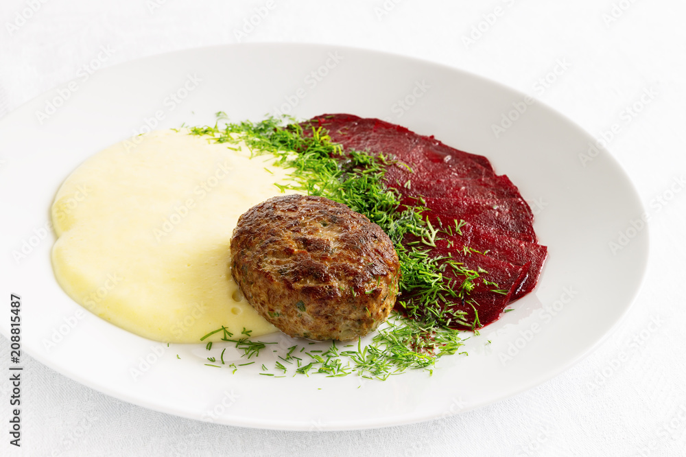turkey cutlet, potato puree, and beetroot carpaccio with vinegar and oil decorated with dill turkey cutlet, potato puree, and beetroot carpaccio with vinegar and oil decorated with dill