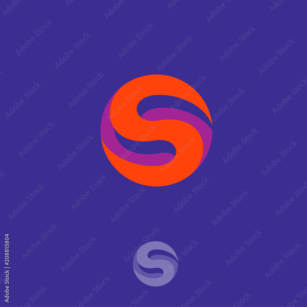 S logo. S monogram. S abstract volume letter. Orange letter on a violet circle. Monochrome design. S logo. S monogram. S abstract volume letter. Orange letter on a violet circle. Monochrome design.