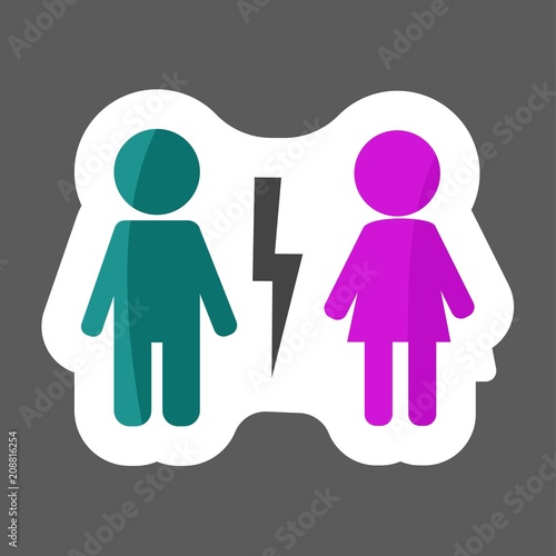 Vector icon  Colored sticker divorced couple . Man and woman characters quarrel. Symbol of  marriage problems. Layers grouped for easy editing illustration.  For your design.