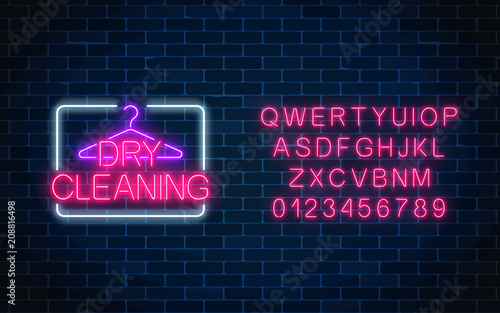 Neon dry cleaning glowing sign with hanger and alphabet template. Cleaning service signboard design.