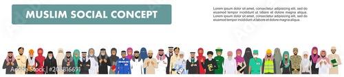 Social concept. Large group muslim arabic people professions occupation standing together in different suit and traditional clothes in flat style. Arab men and women in row. Vector illustration.