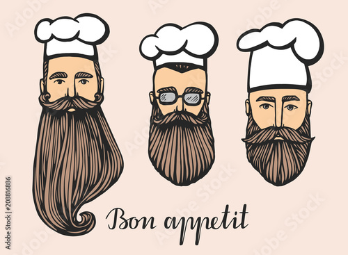 Set of Hand drawn vector illustration of hipster chief-cooker with a mustache and beard in white hat. chief-cooker logo.