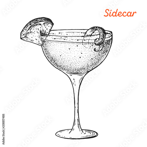 Sidecar cocktail illustration. Alcoholic cocktails hand drawn vector illustration. Sketch style.