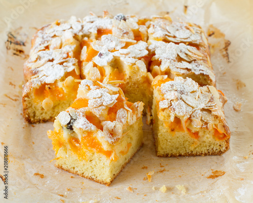 Rustic apricot cake on parchment paper