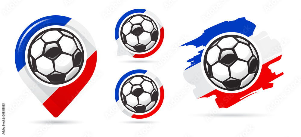 Naklejka premium French football vector icons. Soccer goal. Set of football icons. Football map pointer. Football ball. Soccer ball.