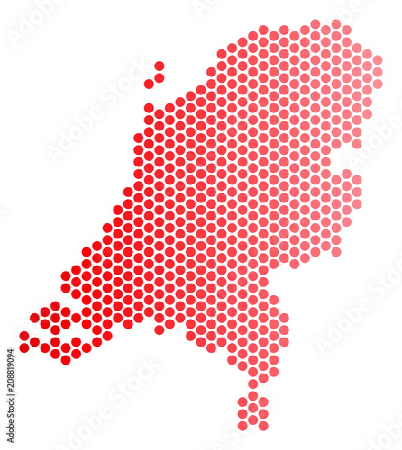 Red dotted Netherlands map. Geographic plan in red color with horizontal gradient. Vector composition of Netherlands map composed of round element matrix.