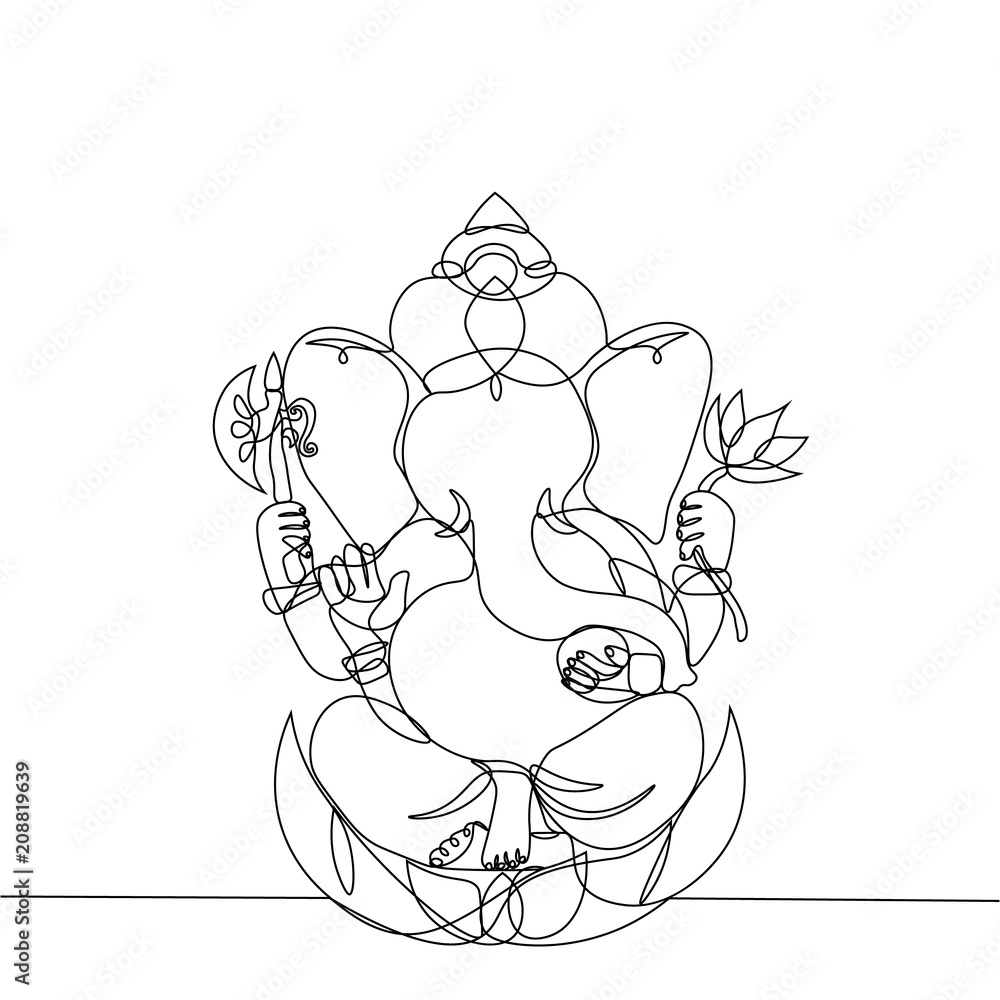 vector continuous line drawing. Ganesha in Lotus position.