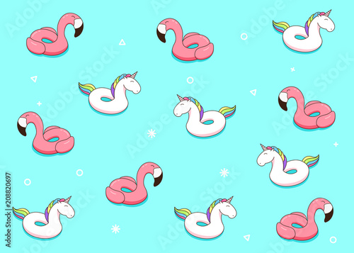 Unicorn and flamingo cartoon inflatable pool ring illustrations. Vector pattern design with cheerful hand draw characters for summer and vacation