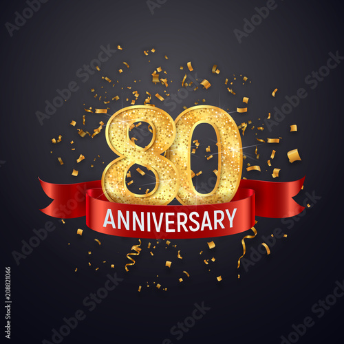 80 years anniversary logo template on dark background. Eighty celebrating golden numbers with red ribbon vector and confetti isolated design elements