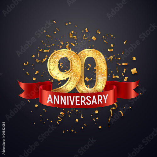 90 years anniversary logo template on dark background. Ninety celebrating golden numbers with red ribbon vector and confetti isolated design elements