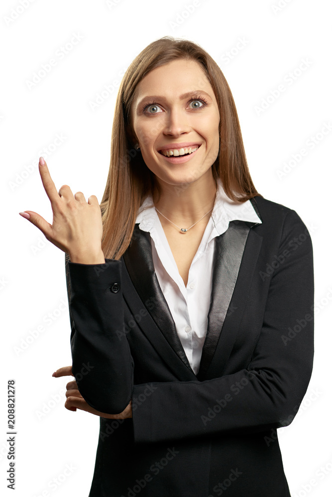 I got idea! Excited young businesswoman pointing up. Isolated on white. I got idea! Excited young businesswoman pointing up. Isolated on white.