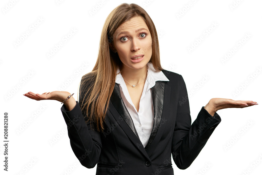 Don't know! Confused young businesswoman. Isolated on white. Don't know! Confused young businesswoman. Isolated on white.