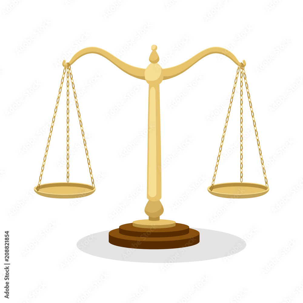Equilibrium scales. Standing balance judicial scales isolated on white, court concept cartoon vector Equilibrium scales. Standing balance judicial scales isolated on white, court concept cartoon vector