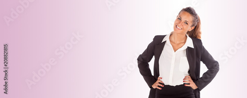 Happy business woman with a beautiful smile; horizontal size banner with copy space.