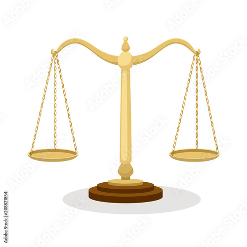 Equilibrium scales. Standing balance judicial scales isolated on white, court concept cartoon vector