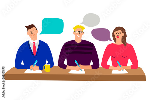 Judging committee. Judges table with quiz scoring men and woman people vector illustration