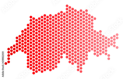 Red pixelated Swissland map. Geographic plan in red color with horizontal gradient. Vector mosaic of Swissland map composed of circle dot array.