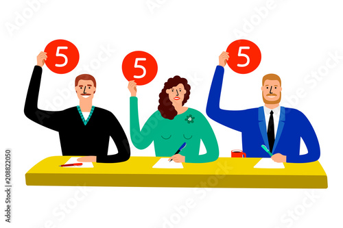 Quiz jury. Competition judge group sitting at table, estimate and show opinion scorecards vector illustration