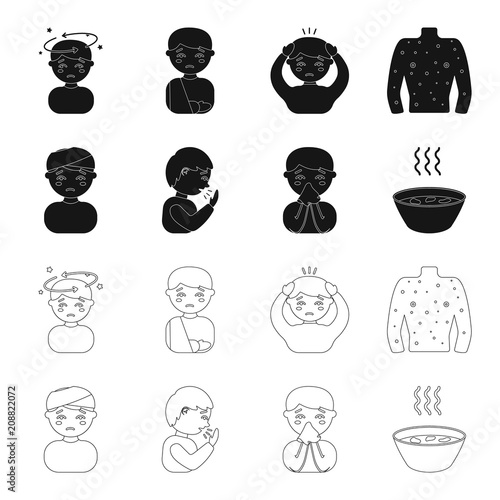 A man with a bandaged head, a man coughing, a man snorts a snot, a bowl, a bowl of hot broth into a handkerchief. Sick set collection icons in black,outline style vector symbol stock illustration web.