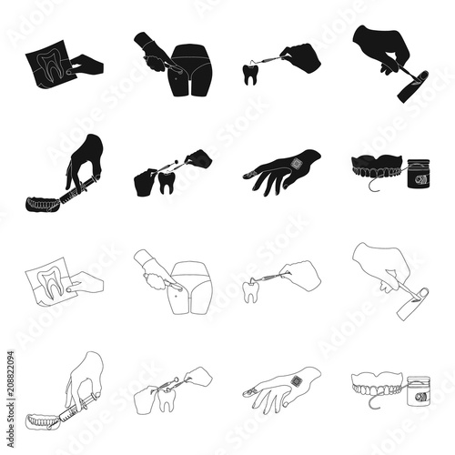 Anesthetic injection, dental instrument, hand manipulation, tooth cleaning and other web icon in black,outline style.bactericidal plaster, medicine icons in set collection.