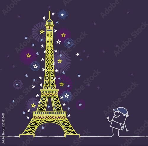 cartoon man and Paris by night