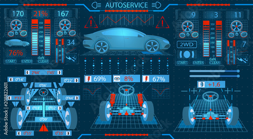 Car service. Graphical interface. Diagnostic alignment of the wheels. Check of shock-absorbers, the steering mechanism, ellipticity, brake system. illustration