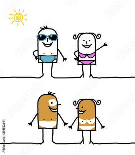 cartoon couple with swimsuits and tanning