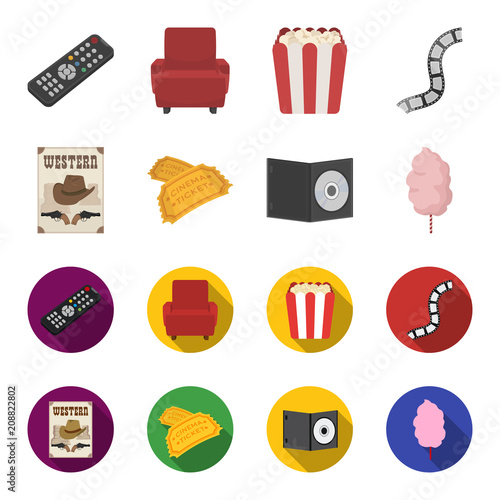 Western cinema, tickets, sweet cotton wool, film on DVD.Filmy and cinema set collection icons in cartoon,flat style vector symbol stock illustration web.
