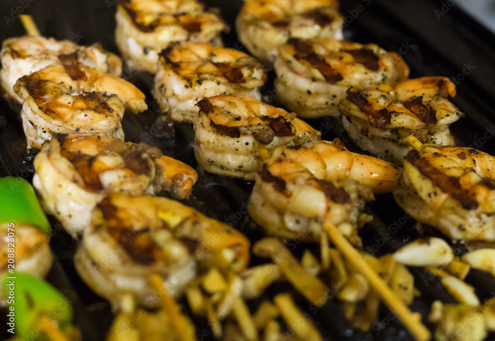 grilled shrimp skewers wooden dinner weekend day focus on the top row grilled shrimp skewers wooden dinner weekend day focus on the top row