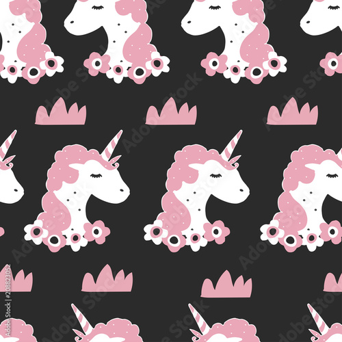 Seamless pattern with Unicorn from fairytale illustration in flat scandinavian style. Poster or t-shirt print.