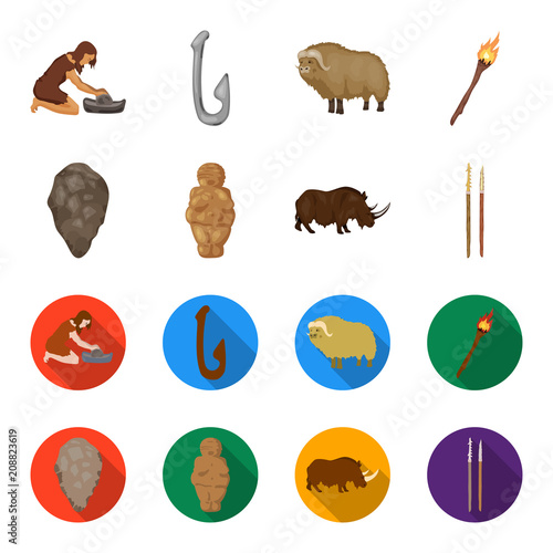 Primitive, woman, man, cattle .Stone age set collection icons in cartoon,flat style vector symbol stock illustration web.