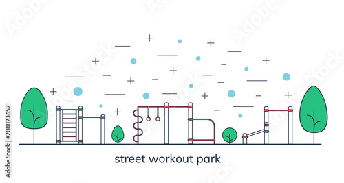 Street workout place or park. Sport playground. Line art style.